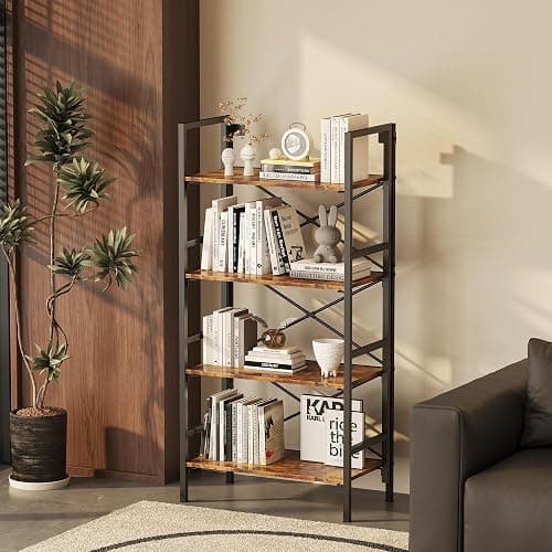 Homeiju Folding Bookshelf,4 Tier Bookcase Foldable Shelf with X-Bracket Design, Adjustable Feet, Space Saving Storage for Living Room, Office, Rustic Brown thumbnail 4