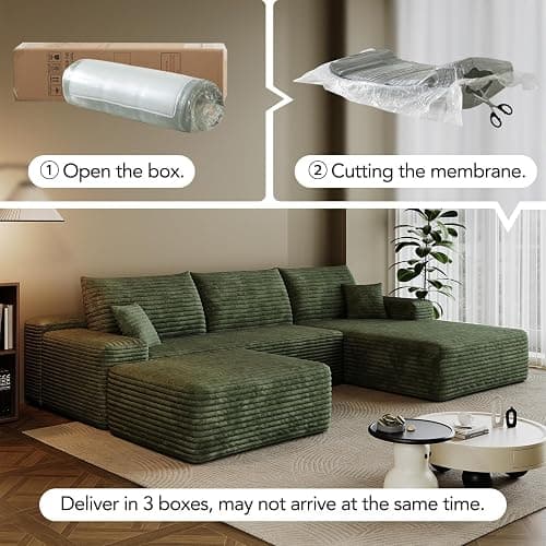 inoevl 107.7" Boneless Sectional Couch Modern Modular U - Shape Corduroy Upholstered Sofa for Living Room - Deep Seat with Chaise and Ottoman(Green, 2 Seater+Right Facing Chaise+Ottoman) thumbnail 3
