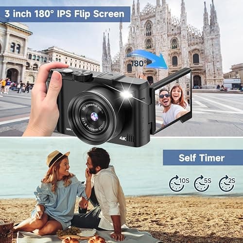 Digital Camera 4K for Photography, 50MP Vlogging Camera for YouTube Video with Flash and 3" 180° Flip Screen, 18X Digital Zoom Compact Travel Cameras with 64GB TF Card for Teens Beginner (Black) thumbnail 5