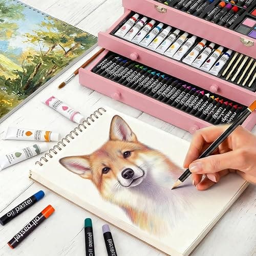 175-Pack Deluxe Wooden Art Set Drawing Painting Kit with 2 Drawing Pads, Acrylic Paints, Colored Pencils, Crayons, Paint Brush, Art Kit in Wooden Case, Gift for Artist, Adults, Teens and Kids thumbnail 3