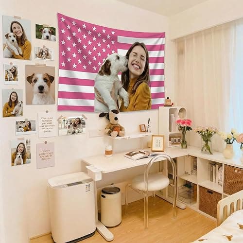 Custom Pink American US Flag with Picture, Personalized Funny Flags with Face Image Logo Photo Text Single Sided Customized Flag Tapestry for Bedroom Dorm Room Decor Garden, 2x3 3x5 4x6 5x8 Ft thumbnail 2