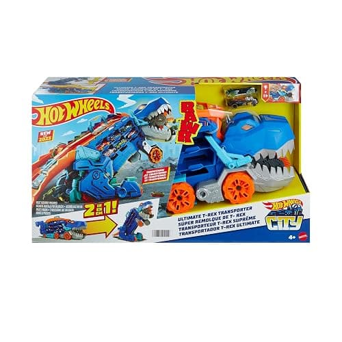 Hot Wheels City Toy Car Track Set, Ultimate T-Rex Transporter, Hauler Transforms into Stomping Dino with Race Track, from Netflix Series “Let’s Race” thumbnail 6