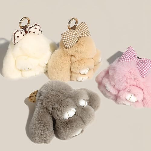 JINGGWW Fluffy Bunny Keychain Plush, Cute Plush Rabbit Keychain, Kawaii Fluffy Shy Face-Covering Bunny Keyring thumbnail 8