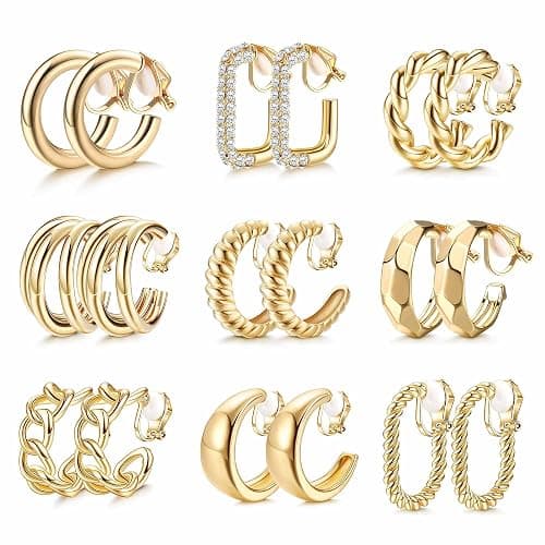 THUNARAZ 9 Pairs Clip on Earrings for Women 14K Gold Plated Chunky Hoop Clips Earring Trendy Clip on Hoop Earrings for Women Non-Pierced Fake Jewelry - Image 1