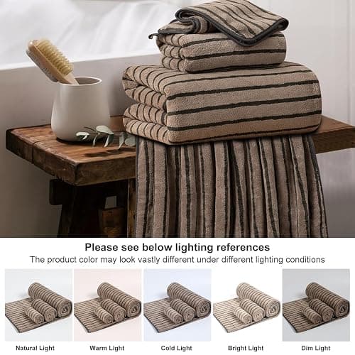 8 Pcs Polyester Brown Cabana Stripe Large Bath Towel Set-2 Bathroom Towels,2 Hand Towels,4 Washcloths Lightweight 600GMS Bath Sheet Absorbent Shower Towel Quick Dry Beach Chair Spa Gym Hotel Towels thumbnail 6