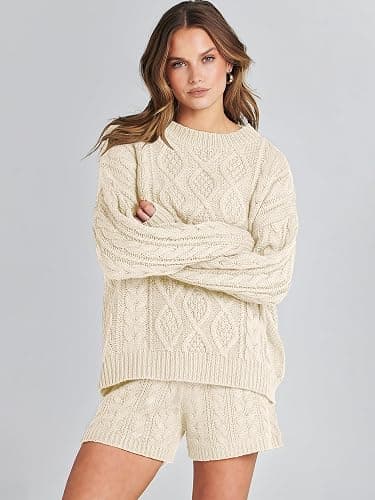 ANRABESS Women 2 Piece Outfits Sweater Lounge Loungewear Sets 2025 Winter Cable Knit Oversized Sweaters Shorts Matching Sets thumbnail 3