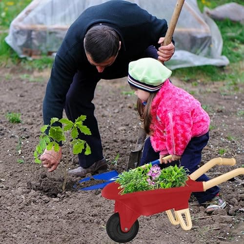 Qtioucp Kids Gardening Tools Outdoor Toys Set Backyard Play with Wheelbarrow Educational STEM Learning Pretend Toys Outdoor Indoor for Toddlers Kids Boys Girls (Red Wheelbarrow Set) thumbnail 2