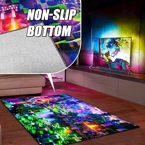 Block Game Rug Teen Kids Carpet, Pixel Games Scene Decoration Mat, Washable Cube Block Game Rugs for Boy’s Bedroom Living Room Playroom, Non-Slip Children Gaming Area Rugs (Purple Field, 63" x 47") thumbnail 5