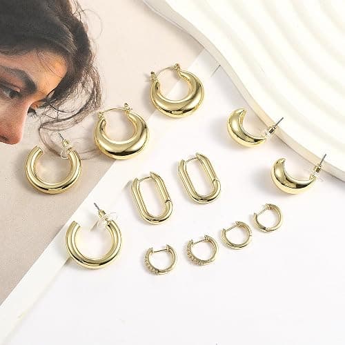 Wgoud 6 Pairs Gold Hoop Earrings Set for Women, 14K Gold Plated Hypoallergenic Lightweight Chunky Open Huggie Hoops Earrings Jewelry for Gifts. thumbnail 4