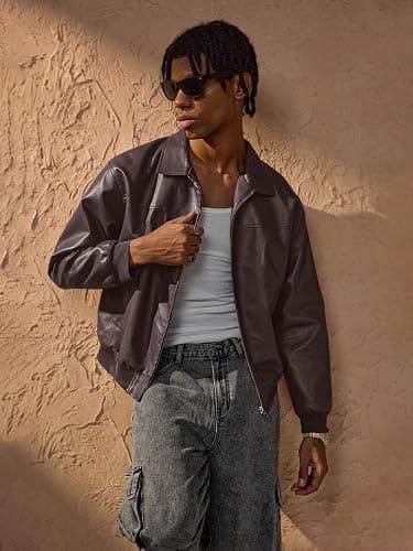 Verdusa Men's Leather Jacket Zip Up Collared Bomber Jackets with Pockets | Leather Jacket Men, Motorcycle Jacket, Zip Up Bomber Jacket, Concert Outfits, Streetwear Men thumbnail 3