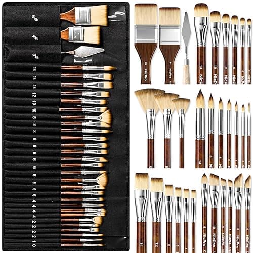Nicpro 30pcs Paint Brush Set, Professional Paintbrushes with Paint Spatula and Cloth Roll, Craft Paint Brushes for Acrylic Painting, Oil, Watercolor, Gouache, Art Supplies for Artists and Beginners - Image 1