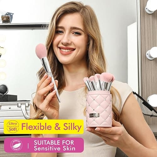 Bueart Design Elegant pink Ultra soft labeled Makeup Brushes Sets with Brush Holder makeup brush set with Foundation Powder blush blending contour Brush (15Pcs Silver Pink+Holder) thumbnail 2