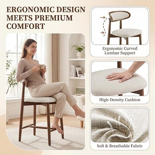 smartue Wooden Barstools Set of 3, Upholstered Counter Height Chairs, 24.8” Counter Height Stools with Ergonomic Backrest & Premium Fabric, Beige thumbnail 6