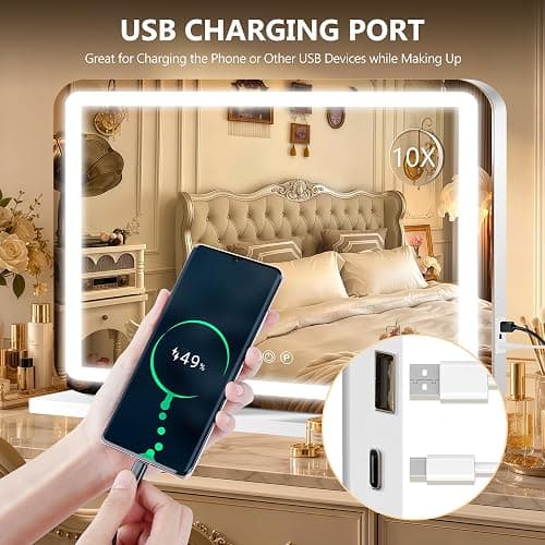 Ratsamee 23" x 18" Vanity Mirror with Lights, Led Lighted Makeup Mirror with 3 Color Dimmable Lights, Touch Control, USB Charging Port, Gifts for Women Wife Teengirls thumbnail 6