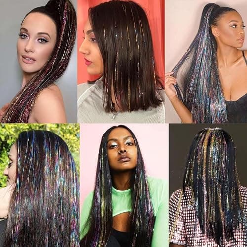 CelineBella Galaxy Hair Tinsel Clip In,Glitter Hair Strands for Girls Kids New Year Christmas Party Cosplay Festivals Gift (24 Inch Pack of 6Pcs, Galaxy) thumbnail 6
