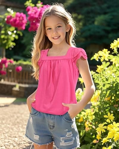 KEREDA Girls Short Sleeve Shirts Summer Tunic Tops Lace Openwork Ruffled Girls Cute Square Neck Clothes Blouse 5-14 Years thumbnail 6