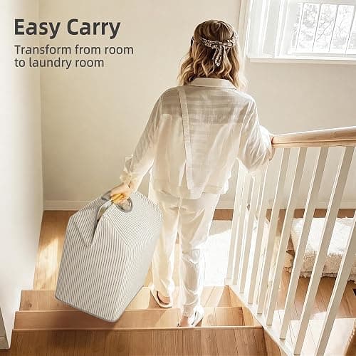 STORAGE MANIAC 2-Pack Large Laundry Hamper, 100L (26.4 Gal) Collapsible Laundry Basket with Bamboo Handles, Freestanding Waterproof Clothes Hamper for Laundry Room, Bedroom, Dorm, Towels, Stripe thumbnail 5