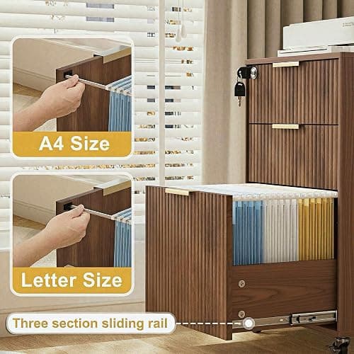 INNOD 3 Drawer Fluted Mobile File Cabinet with Lock, Rolling File Cabinet, Under Desk Wooden Filing Cabinets for Home Office (Walnut) thumbnail 3