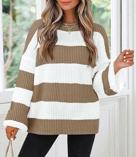 ZESICA Women's 2025 Fall Long Sleeve Oversized Striped Color Block Comfy Loose Crew Neck Knitted Pullover Sweater thumbnail 2