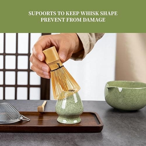 YIBO Matcha Whisk Set With Bowl, Ceramic Matcha Making Kit Includes Bamboo Whisk (Chasen), Holder Stand, Powder Starter Sifter, Scoop, Measuring Spoon & Cup Tea Tools For Ceremony (Mottled Green) thumbnail 5