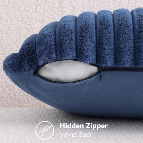 decorUhome Faux Fur Christmas Throw Pillow Covers 18x18 Set of 2, Decorative Soft Plush Striped Neutral Couch Euro Pillow Covers with Velvet Back for Sofa, Bed, Living Room Home Decor, Blue thumbnail 4