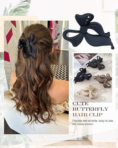 4 PCS Bow Hair Clips Bow Claw Clip for Women, Large Hair Claw Clips for Thin Thick Long Hair Cute Nonslip Bows (Black+Grey+Dark Brown+Light Brown) thumbnail 4