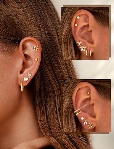 Small Gold Stud Earrings Set for Women - 14K Gold Plated CZ Huggie Hoops Hypoallergenic Earrings Dainty Flower Heart Stud Earrings for Jewelry Gift thumbnail 2