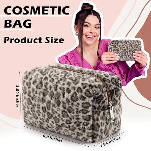 Huhumy Brown Leopard Makeup Bag for Women, Fuzzy Cheetah Print Cosmetic Organizer, Stylish Faux Fur Bag Y2k, Fluffy, Travel Toiletry Pouch, Zipper Purse, Pencil Organizer Pouches thumbnail 3