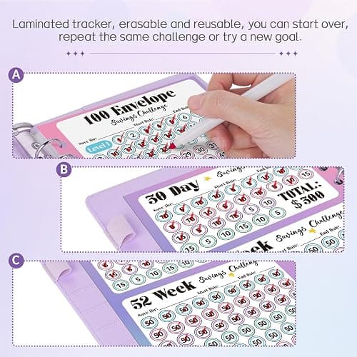 Sooez 100 Envelopes Money Saving Challenge, Savings Challenges Book with Envelopes & Challenge Tracker, Motivational Process to Save $5050, Money Saving Binder 100 Pocket Pre-numbered, Christmas Gifts thumbnail 4