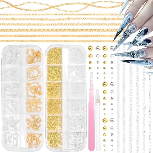 2 Boxes Nail Chain Charms and Round Beads for Nail Art, Gold Silver Line Nails Art Chains Mixed Sizes Round Caviar Steel Ball Nails Accessories for Acrylic Nails Tips Manicure Decor - Image 1