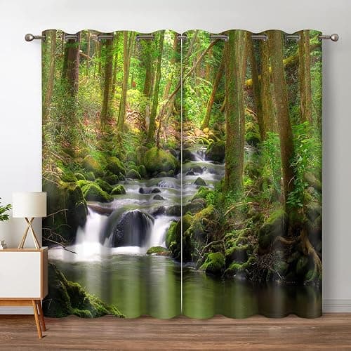 Jekeno Forest Blackout Curtains Green Trees Jungle Mountains Flowing Stream Waterfall Mossy Rocks Nature Scenery Decor Bedroom Living Room Darkening Grommet Window Drapes 2 Panel Set, 42"x54" - Image 1