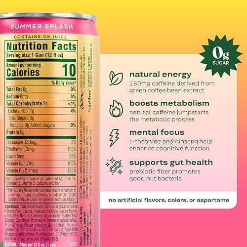 Bloom Nutrition Zero Sugar Energy Drink, Summer Splash, 12oz 12pk | 180mg natural caffeine with prebiotics, green tea extract & lychee for energy, focus and feel-good refreshment. thumbnail 4