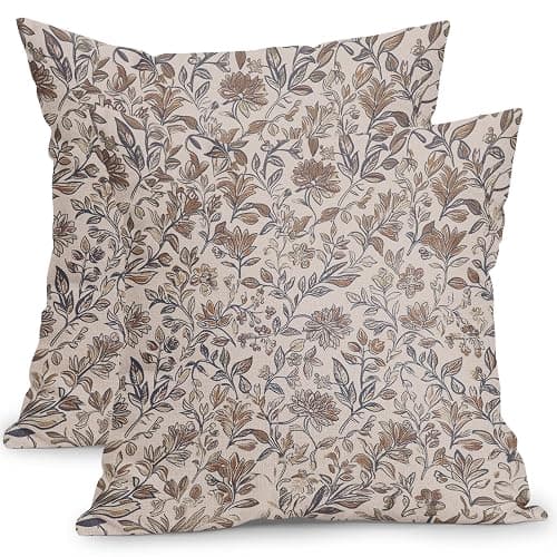 Vintage Floral Pillow Covers 18x18 Inch Set of 2 Antique Flower Block Print Throw Pillow Covers Brown Neutral Traditional Square Cushion Case Decoration for Couch Home Decor - Image 1