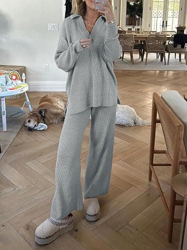 ANRABESS Women Two Piece Outfits Sweater Sets Lounge Waffle Knit Pullover Matching Wide Leg Pants Tracksuit 2025 Fall Fashion thumbnail 5