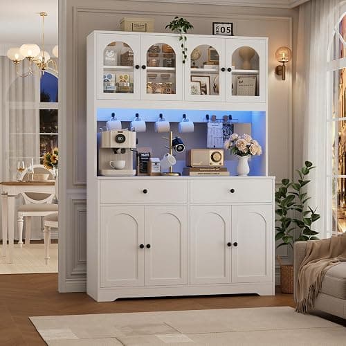 HIFIT 71" LED Kitchen Pantry Cabinet with Power Outlet, Large Kitchen Hutch Storage Cabinet with Arched Door & Shelves & 2 Drawers, Tall Modern Coffee Bar with Hutch for Home Dining Living Room, White thumbnail 9