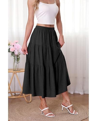 Kingfancy Women's Boho Midi Skirt A-Line Ruffle Elastic High Waist Tiered Flowy Skirts thumbnail 2