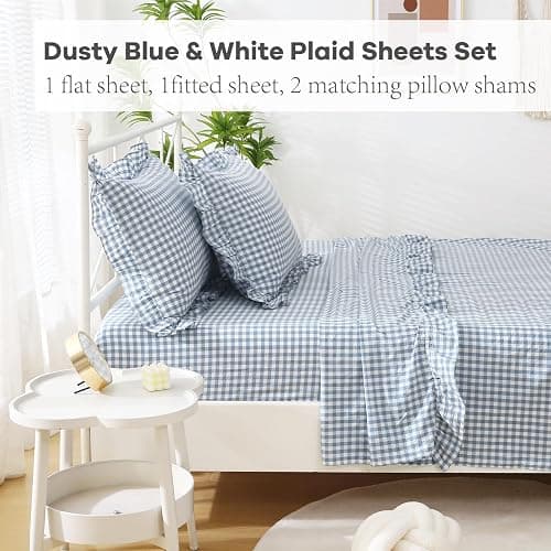 K MASANIJI Dust Blue White Plaid Ruffle Sheets Queen Size 4-Piece Set, 300TC 100% Yarn Dyed Cotton Sheets18 in Deep Pocket Classic Gingham Decorative Bedding (Dust Blue/White Plaid, Queen) thumbnail 2