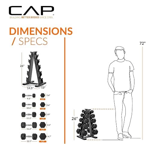CAP Rubber Coated Hex Dumbbell Set with Storage Rack | 100–210 lb Options, Space-Saving Vertical Compact Storage for Home Gym Strength Training thumbnail 5