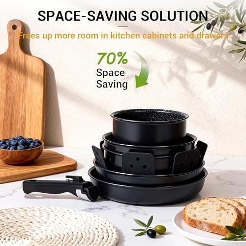 Ammeloo 21-Piece Ceramic Pots and Pans Set Non Stick with Detachable Handles and Egg Frying Pan, Non-Toxic Cookware, Induction Ready, Oven Safe, Stackable for Storage, Black Speckled thumbnail 5