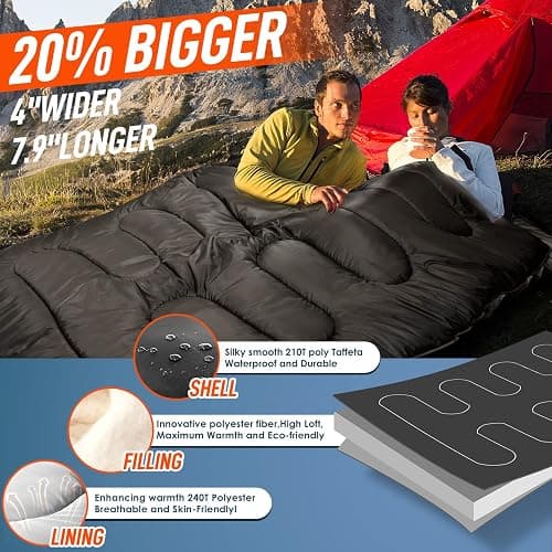 MEREZA Double Sleeping Bag for Adults Mens with Pillow, XL Queen Size Two Person Sleeping Bag for All Season Camping Hiking Backpacking 2 Person Sleeping Bags for Cold Weather & Warm thumbnail 3