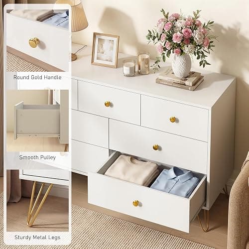 Tradare White Dresser for Bedroom, Modern 7 Drawer Dresser with Gold Handles and Metal Legs, White and Gold Dressers & Chest of Drawers for Hallway, Entryway thumbnail 4