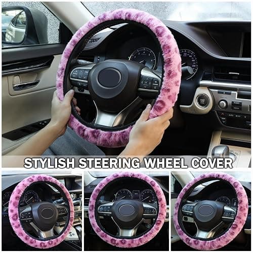Muamos Leopard Steering Wheel Cover with Keychain, Elastic Fuzzy Fur Cheetah Car Steering Wheel Protector Women Girl Car Accessories Universal Fit 15 inch Fit Auto, Suvs, Truck- Pink thumbnail 6
