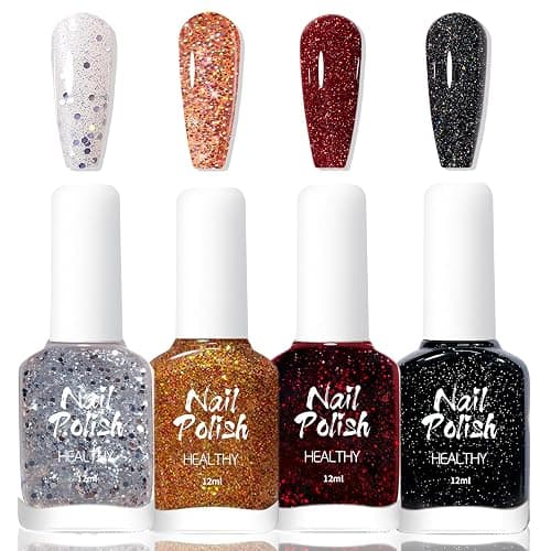 4PCS Glitzer Nagellack Set - Ungiftiger Nagellack Auf Wasserbasis für Mädchen, Shimmer Schnelltrocknender Nail Polish für DIY Nageldesign Maniküre zu Haus, Roter Gold Silber Glitzer (Schwarz) - Image 1
