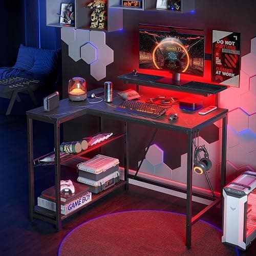 Bestier Small Gaming Desk with Power Outlets,42 L Shaped LED Computer Desk with Monitor Stand Reversible Storage Shelves,Corner Gamer Desk with Headset Hooks USB Port,Black Marble thumbnail 8
