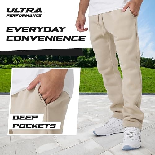 Ultra Performance 3 Pack Mens Fleece Wide Leg Sweatpants with Pockets, Open Bottom Workout Sweatpants for Men thumbnail 4