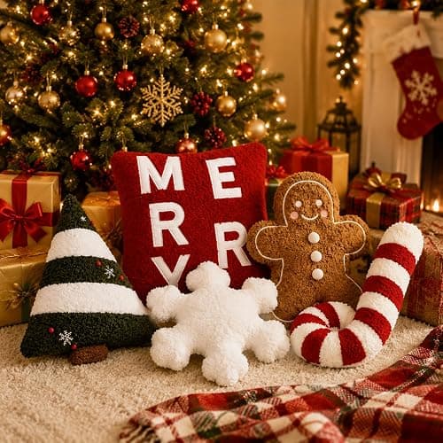 Geelin 5 Pcs Christmas Throw Pillows Gingerbread Christmas Tree Pillows Snowflake Candy Canes Shape Pillows Stuffed Plush Merry Christmas Decorations for Bed Home Sofa Couch Party thumbnail 4