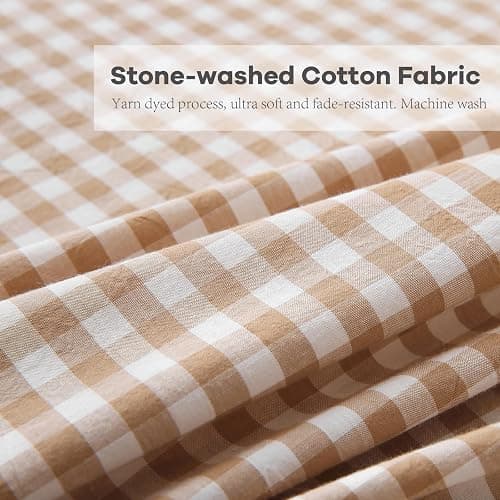 K MASANIJI Taupe White Plaid Ruffle Sheets Queen Size 4-Piece Set, 300TC 100% Yarn Dyed Washed Cotton Checker Sheets 18'' Deep Pocket Farmhouse Gingham Decorative Bedding（Taupe/White Plaid, Queen） thumbnail 8