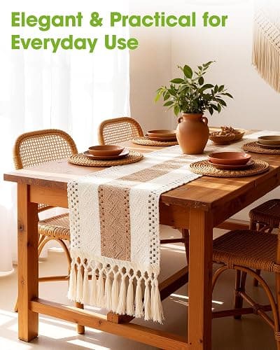 Pureegg Farmhouse Boho Table Runner - 72 Inches, Linen-Textured Woven Tassel Design for Dining Table Decor, Kitchen, Coffee Table & Living Room, 12 x 72 Inch, Brown thumbnail 2