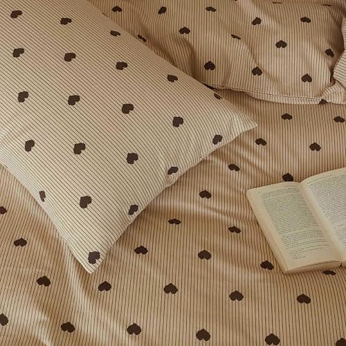 Bildenly Heart Duvet Cover Queen Size Brown Hearts Vertical Ticking Striped Bedding Set Vintage Striped Love Heart Soft Breathable Microfiber Comforter Cover Set with Zipper Closure and 2 Pillowcases thumbnail 4