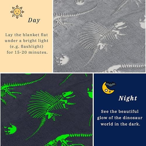Glow in The Dark Blanket Dinosaur Throw Blanket for Boys Kids Soft Warm Cozy Cute Dino Blanket Unique Dinosaurs Toys Gifts Gray Glowing Dinosaur Room Decor Blankets for Girls Teens 50"x60" thumbnail 5